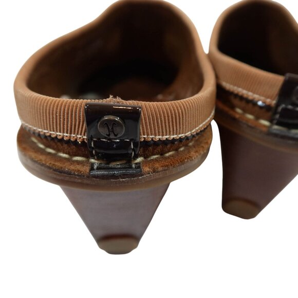 COLE HAAN Cognac Suede Wedge Wooden 3" Heel Mules Shoes Size 8B Slip On Casual - Picture 7 of 10